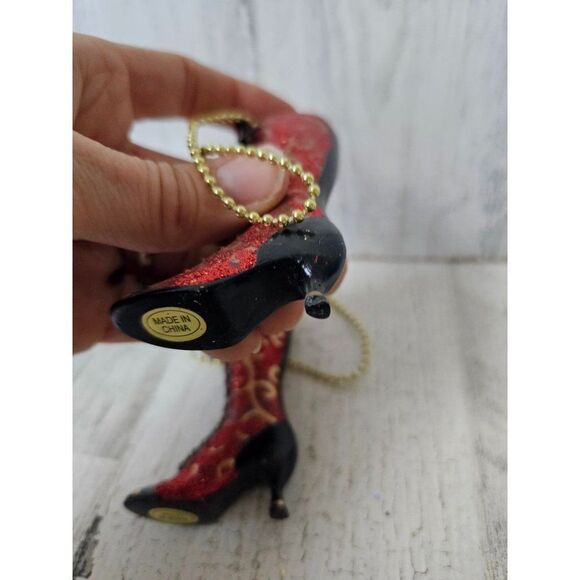 Vintage red glitter boot stiletto shoe ornament set Xmas tree gold set - Picture 6 of 7